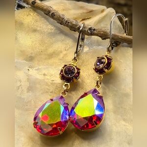 Fiery Fuchsia Flower & Mettalic AB Earrings In Gold Plated